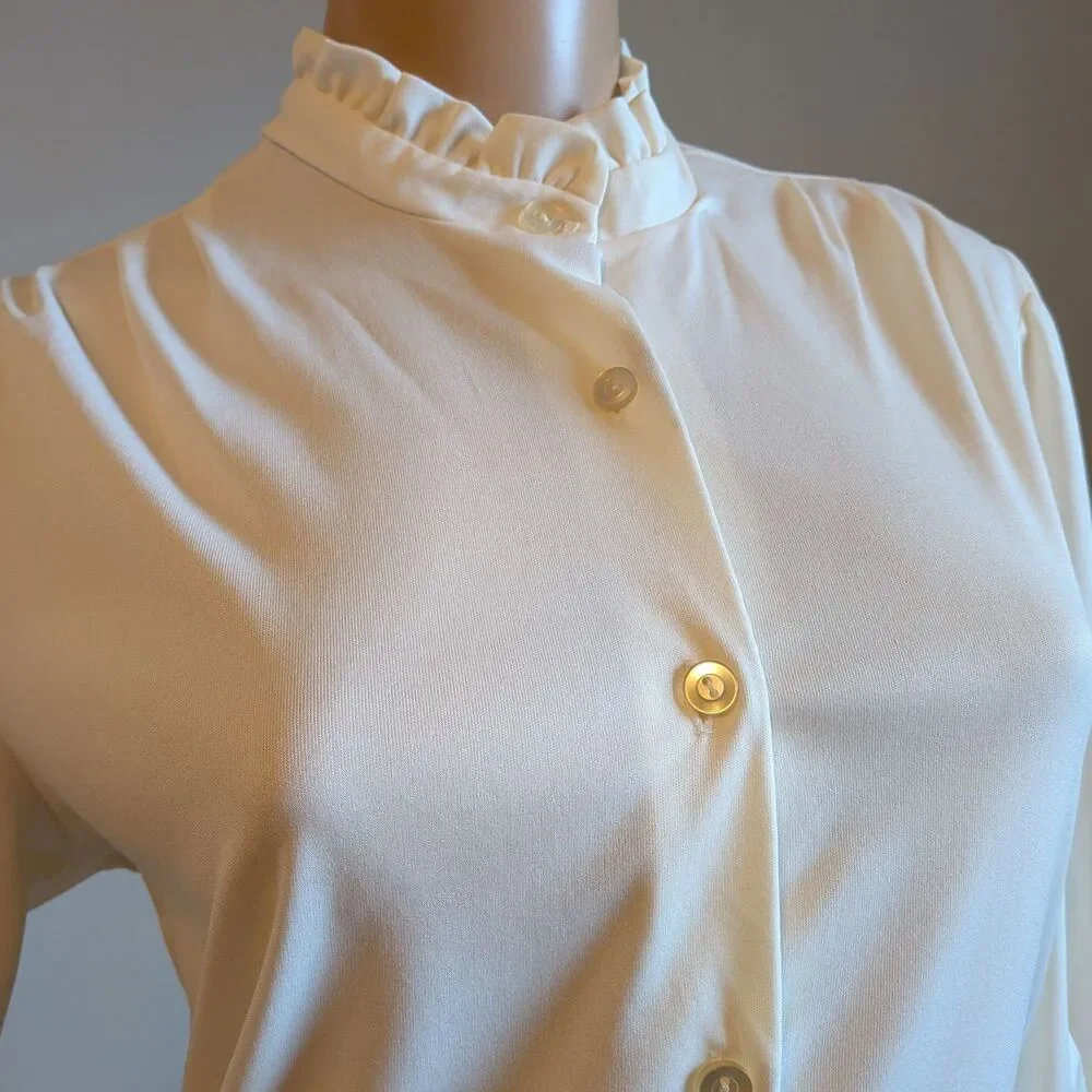 Vintage 80s White Midi Dress High Neck Button Front Victorian Pleated Size 12
